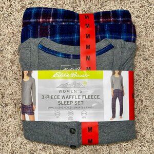 Eddie Bauer Women's 3-Piece Waffle Knit Pajama Set Gray, Size Medium (New)